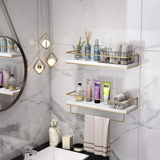 Wall-mounted Shelf Gold Frame Dual-layer with Towel Bar Waterproof Multi-color for Bathroom Kitchen Living Room Organization