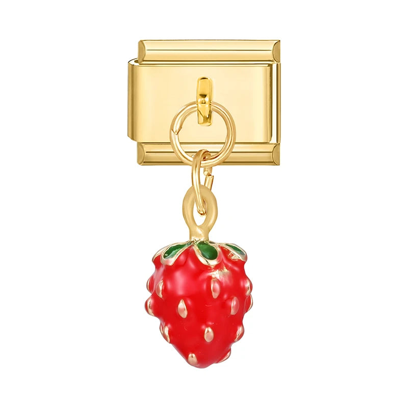 Fresh Fruits Strawberry Orange Peach Mango Pomegranate Golden Pendant Italian Charm Links Fit 9mm Bracelet DIY Making Gifts