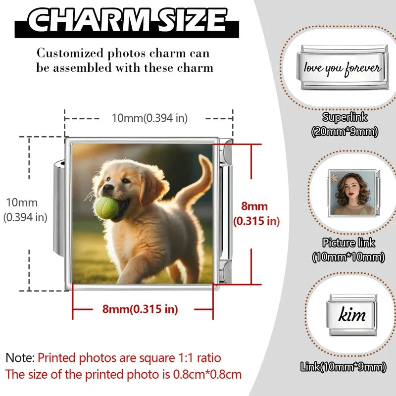 1PCS Photo Pictures Personalized Customized Italian Charms Link Fit 9mm Stainless Steel Bracelets Family Pets Image Custom Gifts