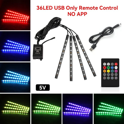 Neon 48 72 LED Car Interior Ambient Foot Light with USB Wireless Remote Music App Control Auto RGB Atmosphere Decorative Lamps