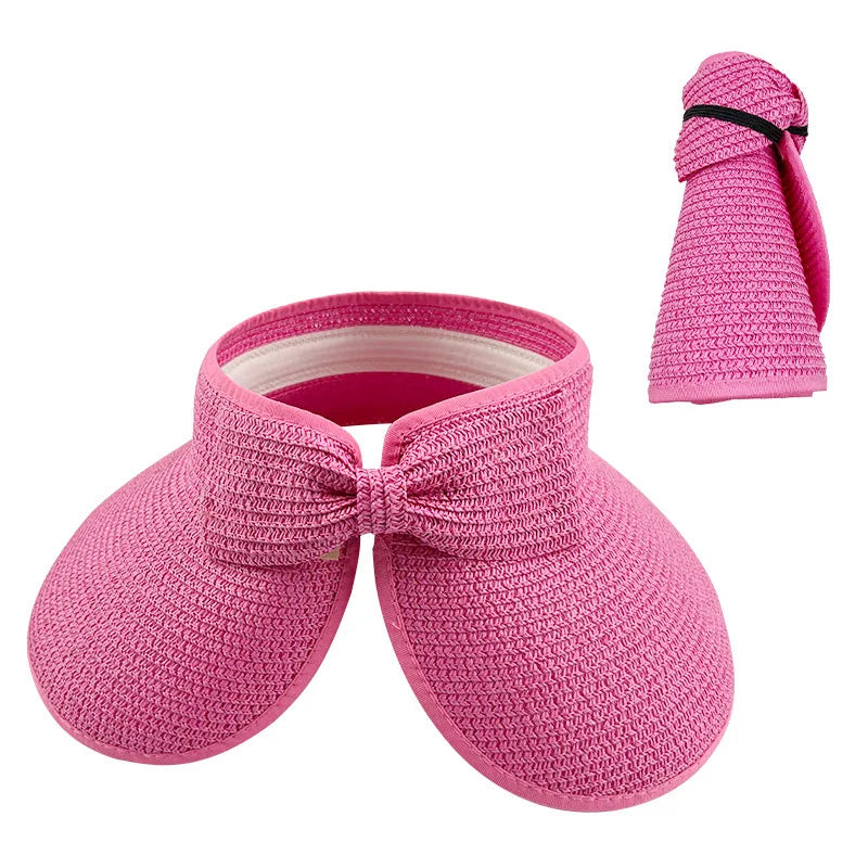 New Women Summer Visors Hat Foldable Wide Large Brim Bowknot Empty Top Straw Hats  chapeau femme Beach UV Protection Caps