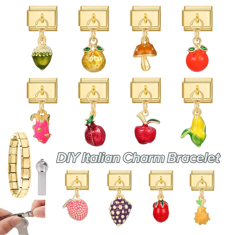 Fresh Fruits Strawberry Orange Peach Mango Pomegranate Golden Pendant Italian Charm Links Fit 9mm Bracelet DIY Making Gifts