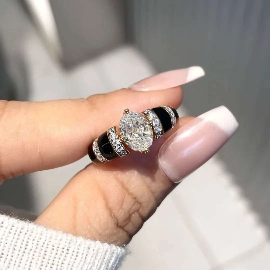 Exquisite Black Agate Vinatge Style Fine Jewelry Luxury Daily rings Couple Style Stacked Ring Engagement Wedding Opening