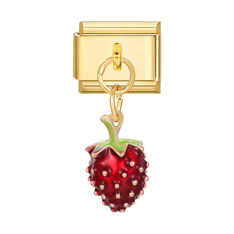 Fresh Fruits Strawberry Orange Peach Mango Pomegranate Golden Pendant Italian Charm Links Fit 9mm Bracelet DIY Making Gifts